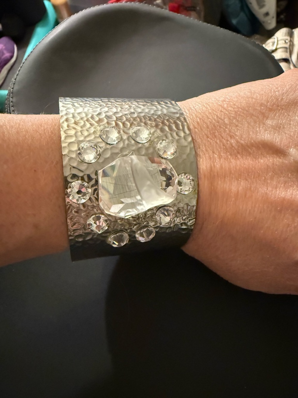 Hammered Silver-Tone Cuff Bracelet with Clear Crystal Accent